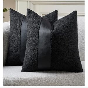 18x18 Black Textured Bouclé Pillow Case with Leather Stripe
